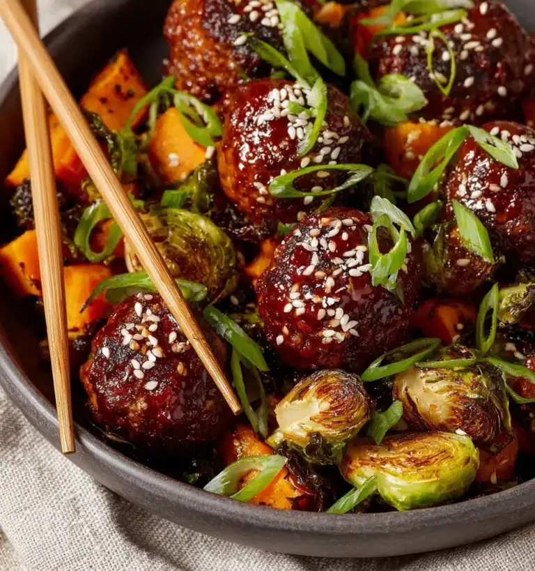 Korean BBQ Meatballs with Roasted Vegetables Recipe
