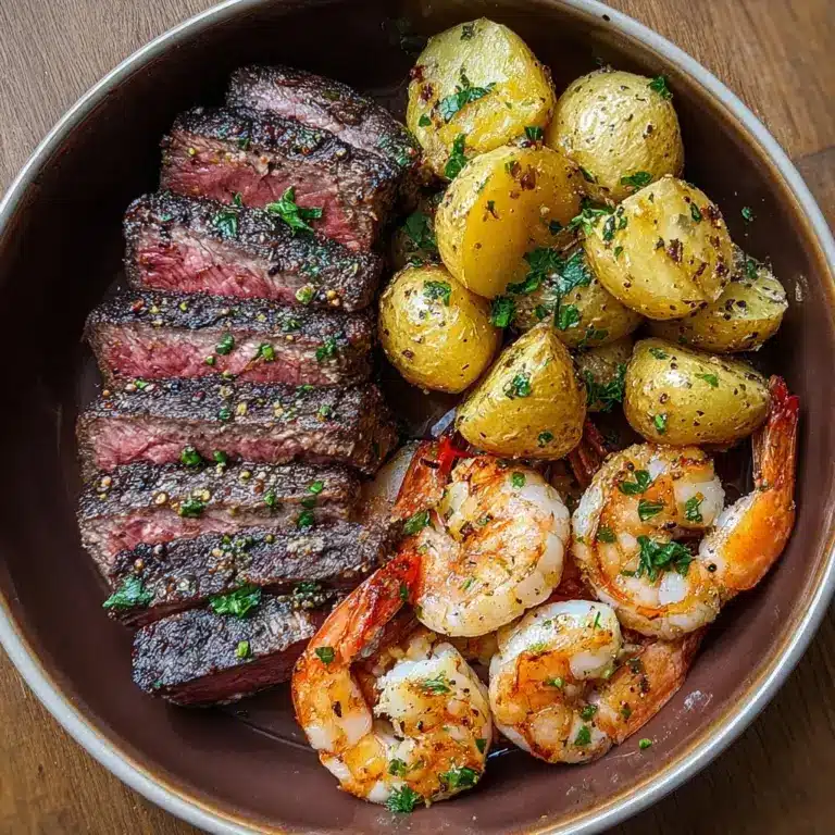 Savor the Sizzle: Indulge in Steak with Shrimp and Garlic Butter Potatoes