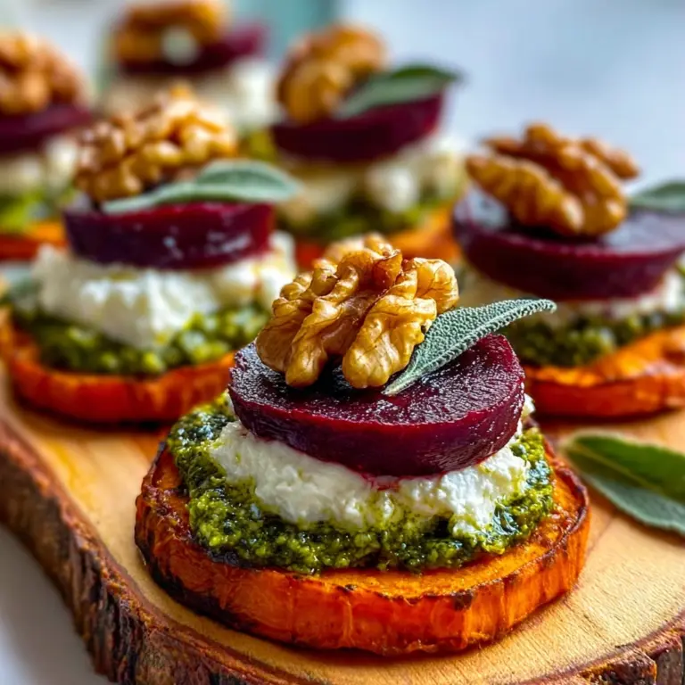Sweet Potato & Beet Stacks with Pesto, Burrata & Walnuts Recipe