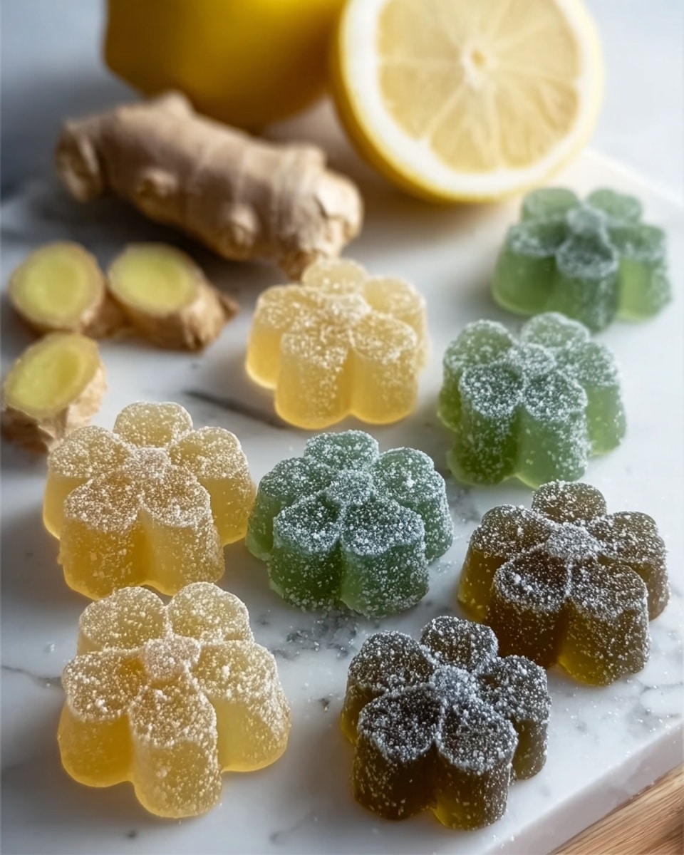 The image shows many gummy candies shaped like four-leaf flowers with a sugar coating. They are arranged in small groups on a white marbled surface. The front layer has pale yellow gummies, the middle has light green gummies dusted with sugar, and the back has darker green and brownish gummies. On the left side, there is a sliced lemon and a small piece of ginger root placed on the white marbled surface, adding natural color and texture to the scene. photo taken with an iphone --ar 4:5 --v 7