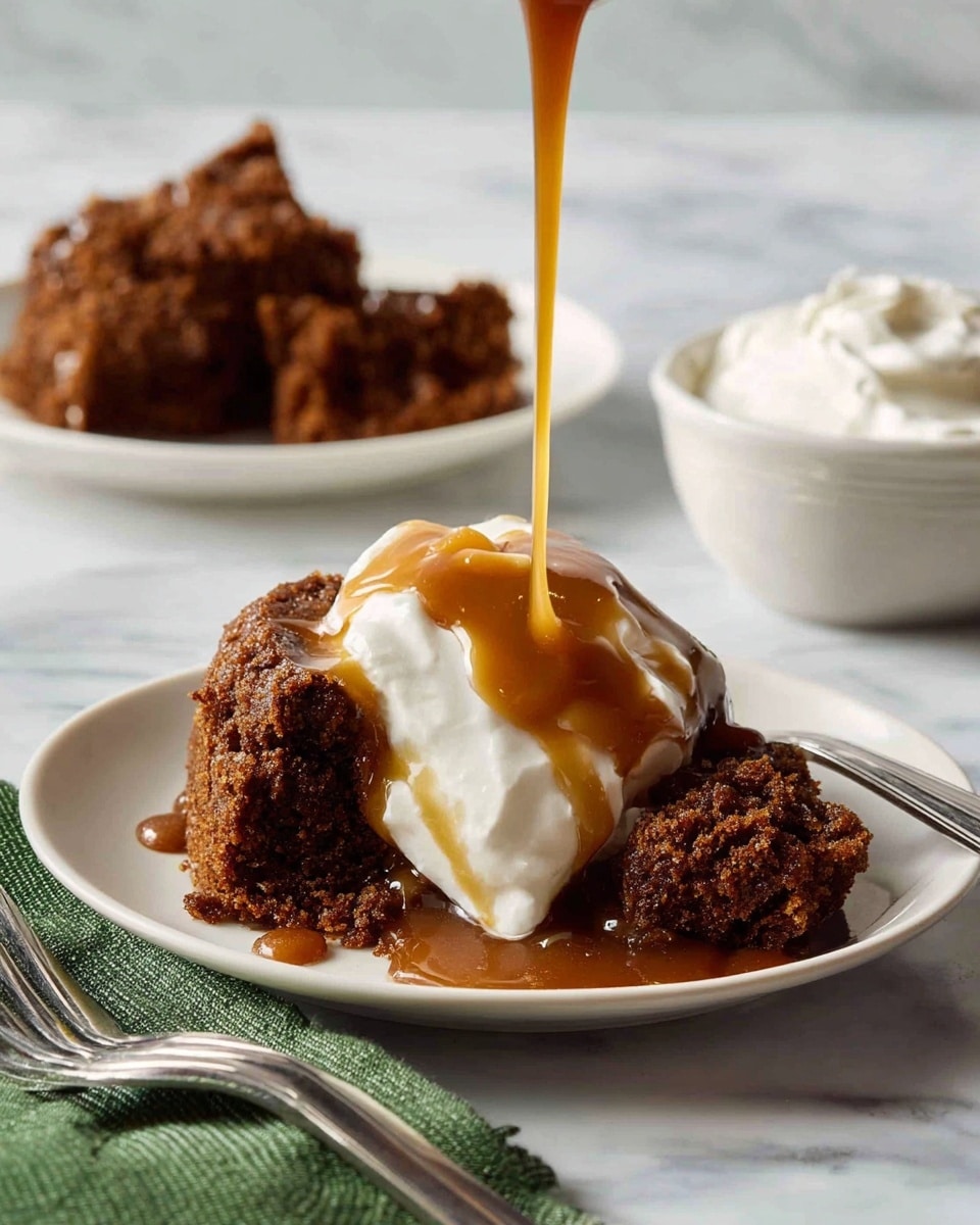 A small, round chocolate bundt cake sits centered on a white plate, its dark, moist texture visible with slight ridges from the bundt mold. On top of the cake is a single large scoop of creamy vanilla ice cream, smooth and evenly rounded. A caramel sauce is being poured from a white small pitcher by a woman's hand, the sauce thick and glossy as it cascades over the ice cream and drips down the side of the cake, pooling slightly on the plate. The plate rests on a dark wooden board, all set on a white marbled surface. In the blurred background, another similar dessert is visible on a stack of white plates. photo taken with an iphone --ar 4:5 --v 7
