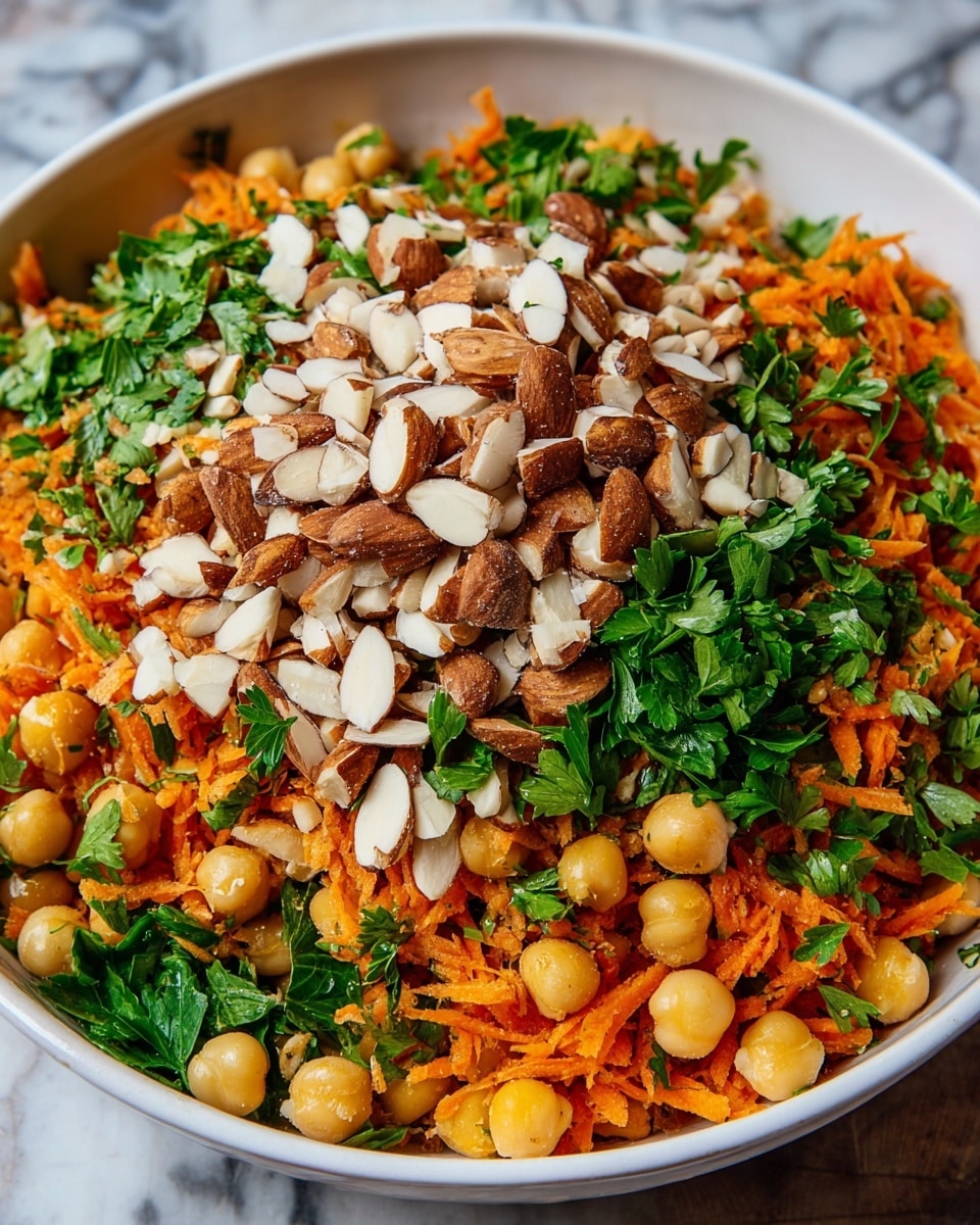 The dish is a colorful salad served in a white bowl placed on a white marbled surface. The base layer consists of bright orange shredded carrots mixed with light yellow chickpeas. Scattered throughout the salad are small chopped green herbs, adding a fresh and vibrant touch. On top, there is a generous sprinkle of sliced and whole almonds, providing a rich brown contrast with a slightly glossy texture. The overall look is fresh, healthy, and textured with the combination of smooth chickpeas, crunchy almonds, and crisp carrots. Photo taken with an iphone --ar 4:5 --v 7