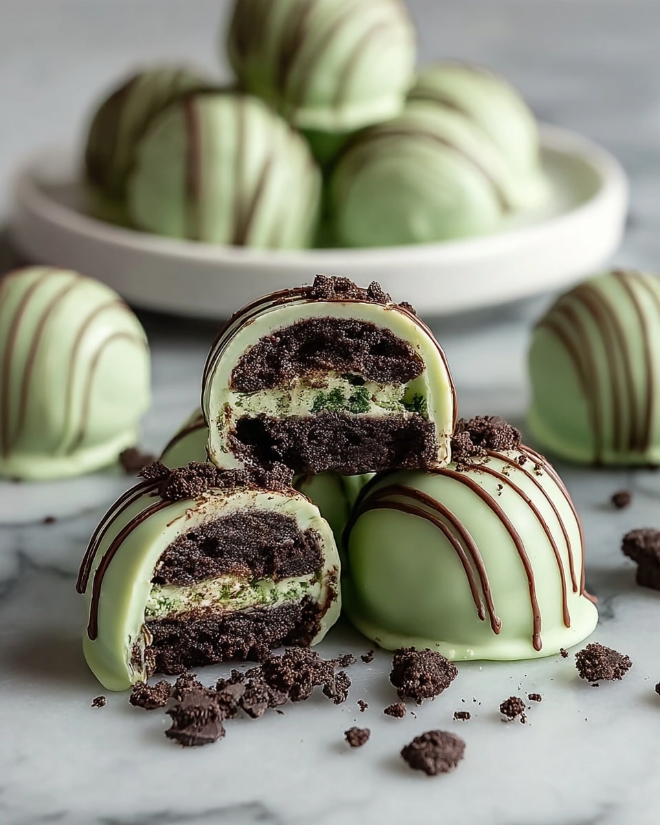 The image shows several round dessert balls with a smooth light green coating that has a glossy texture and gentle drizzled lines on top. One of the balls is cut in half, revealing multiple layers: the outer coating, followed by a thick dark chocolate layer with a creamy texture, and inside, crumbly dark brown cookie layers with small green bits embedded. There are chocolate crumbs and small broken cookie pieces scattered around the base of the balls on a white marbled surface. In the background, more of these green-coated dessert balls are slightly blurred on a white plate. Photo taken with an iphone --ar 4:5 --v 7