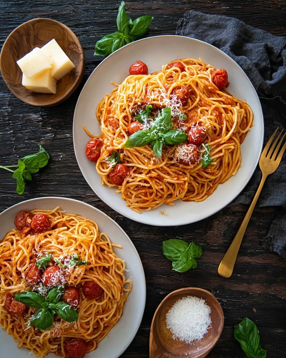 Two white plates hold servings of spaghetti with tomato sauce. The spaghetti is light orange with some red cherry tomatoes mixed throughout. Each plate is topped with a small bunch of fresh green basil leaves and a light sprinkle of grated white cheese. The plates sit on a dark wooden textured surface with scattered fresh basil leaves around. Nearby, two chunks of pale yellow cheese are placed beside a gold fork. A small wooden bowl filled with white salt and a wooden spoon is also on the surface. photo taken with an iphone --ar 4:5 --v 7