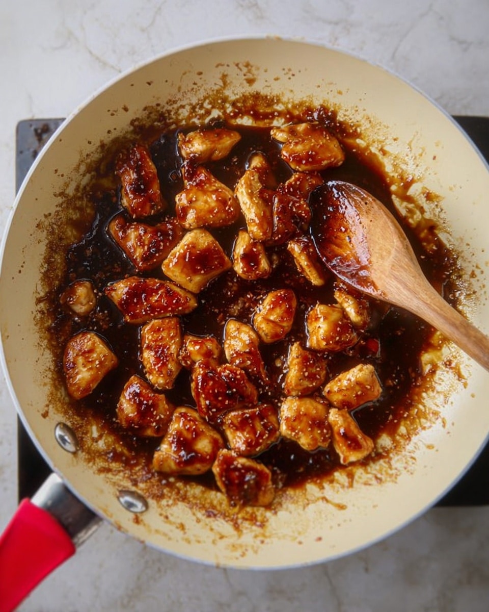 The image shows a white frying pan with a red handle containing several pieces of golden-brown chicken coated in a shiny, dark brown sauce. The chicken pieces are uneven in size and scattered mostly in the center of the pan, while the sauce is thick and sticky, covering the chicken and the base of the pan more in the middle. A wooden spoon is resting on the edge of the pan, slightly touching the chicken. The pan's surface around the chicken shows browned bits from cooking. The background is a white marbled texture. photo taken with an iphone --ar 4:5 --v 7