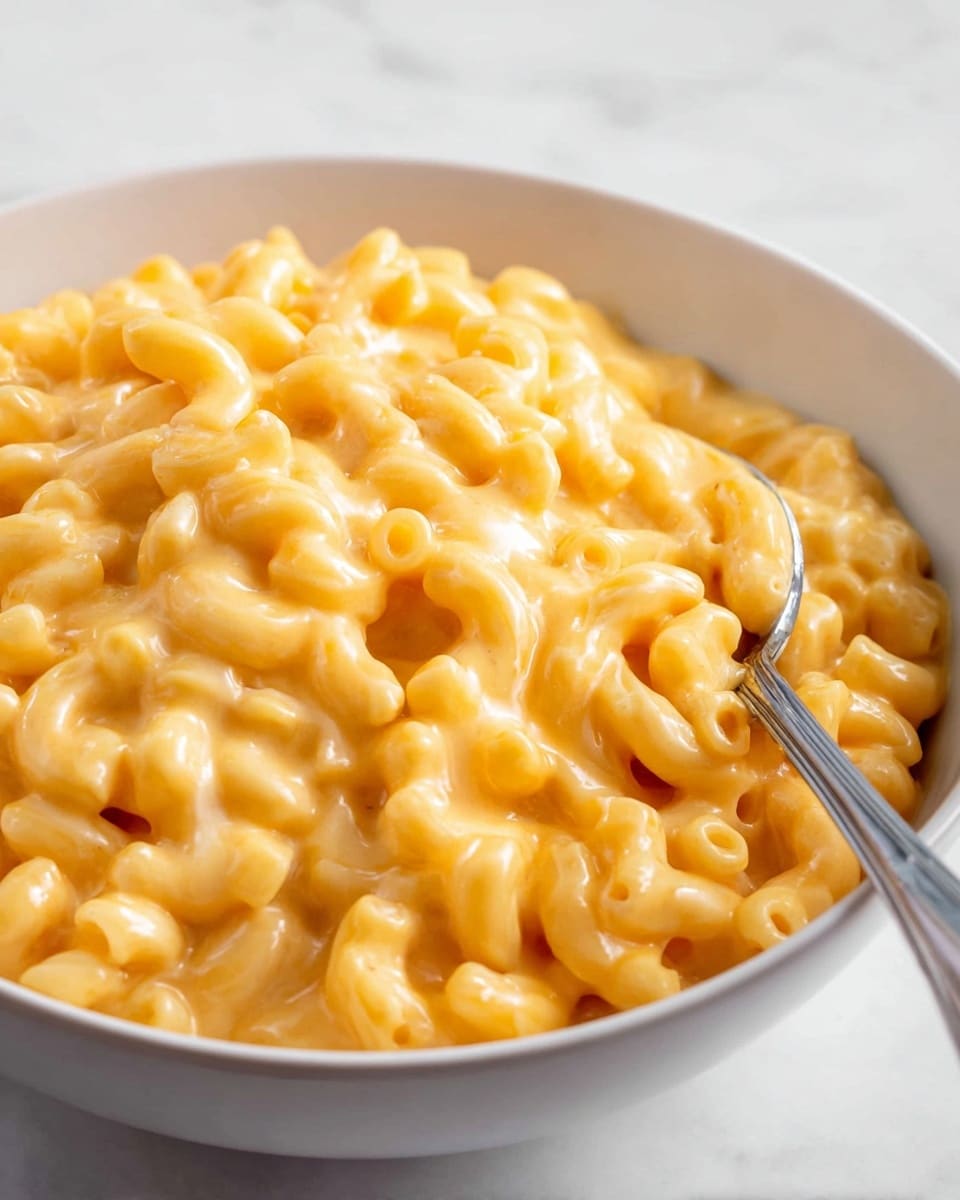 A close-up view of macaroni and cheese served in a white bowl with a creamy, smooth, and thick cheese sauce coating each elbow macaroni. The noodles form a soft, slightly shiny pile with a consistent orange-yellow color. A silver spoon is partially inserted from the right side, blending into the mix with the rich cheese sauce. The bowl is set against a white marbled background creating a clean and bright setting. Photo taken with an iphone --ar 4:5 --v 7