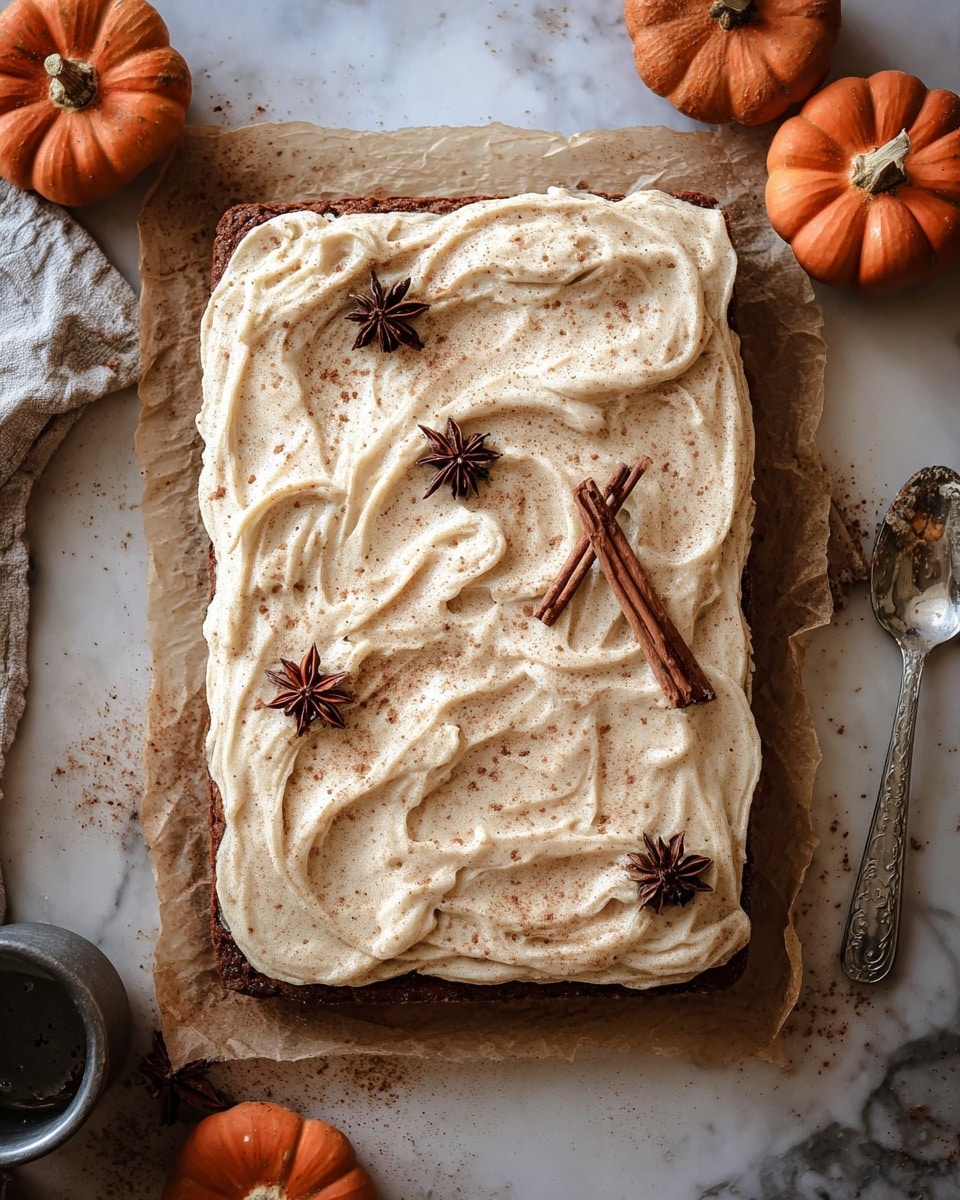 A rectangular cake sits on a white marbled surface lined with parchment paper, topped with one thick layer of creamy off-white frosting that has soft swirls and peaks, dusted lightly with cinnamon. The smooth texture of the frosting is accented by star anise pieces scattered across the top, along with two cinnamon sticks placed near one corner. The cake itself is a warm brown color visible at the edges beneath the frosting. Around the cake on the surface are small decorative pumpkins, a metal cup, and a spoon with a bit of frosting on it photo taken with an iphone --ar 4:5 --v 7