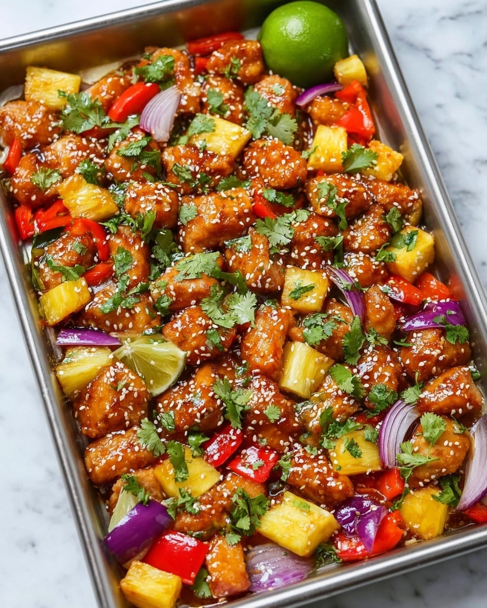 The image shows a metal tray filled with colorful pieces of cooked food arranged in a single layer. The dish has chunks of golden-brown glazed chicken coated in sauce, mixed with bright yellow pineapple cubes, red bell pepper pieces, and slices of purple onion. Fresh green cilantro leaves are scattered throughout, adding a touch of brightness, and white sesame seeds are sprinkled over the top. A green lime half rests at the top edge of the tray, adding contrast. The tray sits on a white marbled surface. photo taken with an iphone --ar 4:5 --v 7