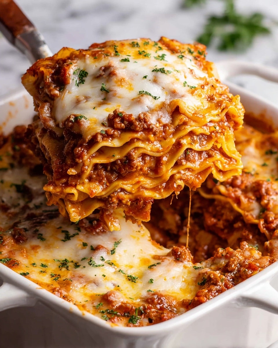 A close-up view of cheesy lasagna in a white square baking dish, with a woman's hand lifting a slice on a spatula. The lasagna has about five visible layers: thin pasta sheets, rich red meat sauce with ground beef and tomato, and melted creamy white cheese. The top layer is golden melted cheese with small green herb flakes sprinkled on it. The lasagna looks thick, with some sauce and cheese oozing a little on the sides, set on a white marbled texture surface. photo taken with an iphone --ar 4:5 --v 7