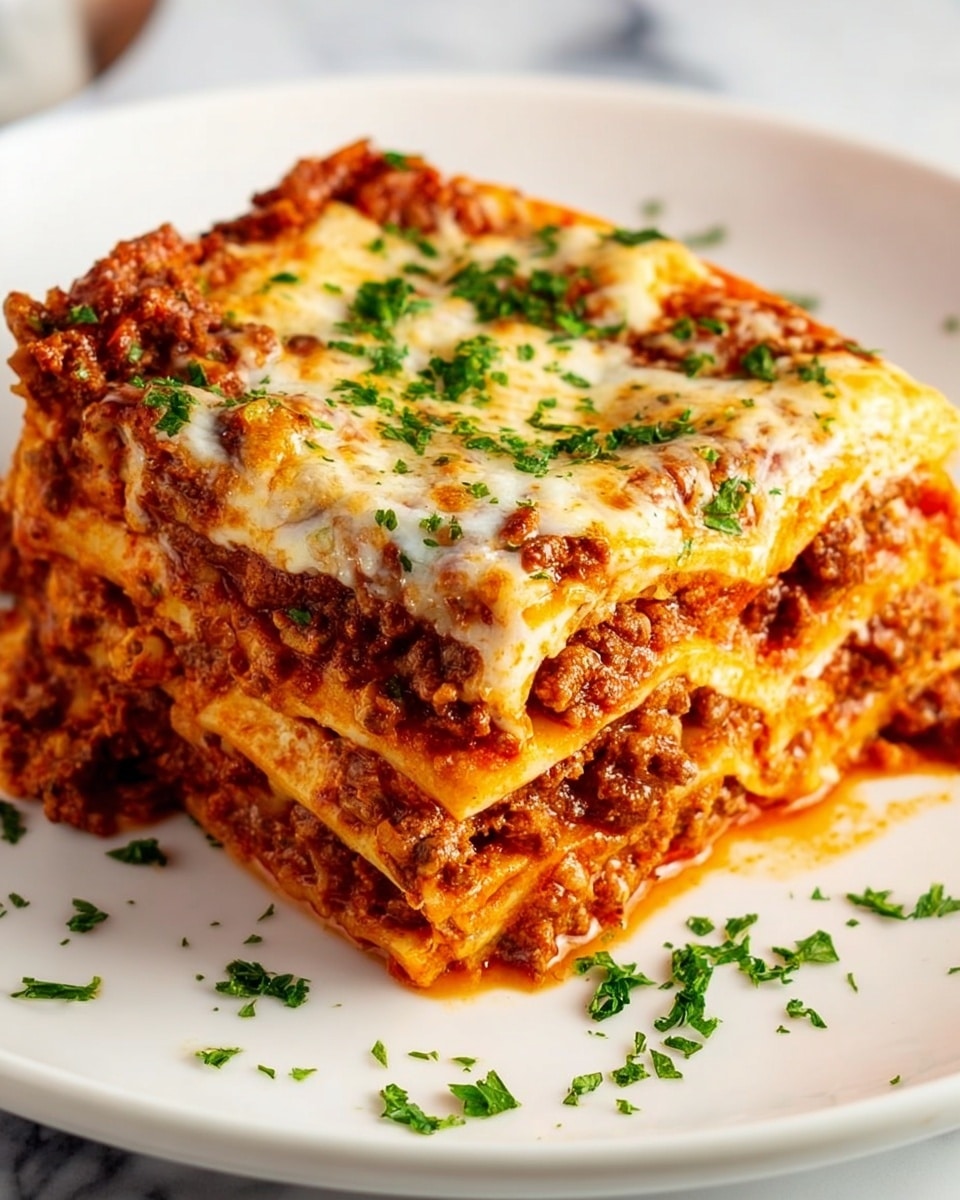 A square piece of lasagna served on a white plate, showing four distinct layers of pasta sheets in golden yellow stacked with thick meat sauce in reddish-brown colors, topped with melted, creamy white cheese that is slightly browned in places, garnished with small, chopped green herbs scattered on top and around the plate, all placed on a white marbled surface, photo taken with an iphone --ar 4:5 --v 7