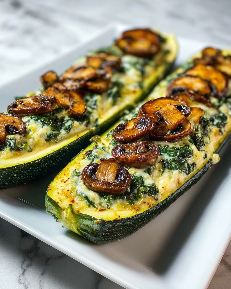 The image shows two green zucchini boats on a white plate, placed on a white marbled surface. Each zucchini boat is sliced lengthwise and filled with layers: a bottom layer of soft cooked zucchini flesh, topped with a creamy mixture that looks like cheese, sprinkled with dark green spinach leaves. The top layer has several sliced brown mushrooms that appear cooked and slightly browned. The texture of the filling looks smooth and melted, with the mushrooms giving a slightly rough texture on top. Photo taken with an iphone --ar 4:5 --v 7