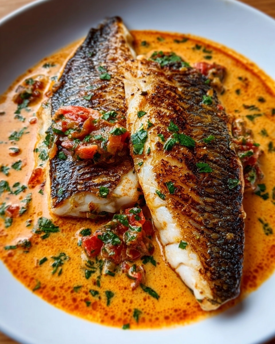 Two pieces of grilled fish with visible char lines rest in a shallow pool of orange sauce on a white plate. The fish has a light brown and white flaky texture with grilled marks, topped with small diced red peppers and chopped green herbs. A grilled jalapeño slice and some additional herbs sit on the side, all set against a white marbled surface. Photo taken with an iphone --ar 4:5 --v 7