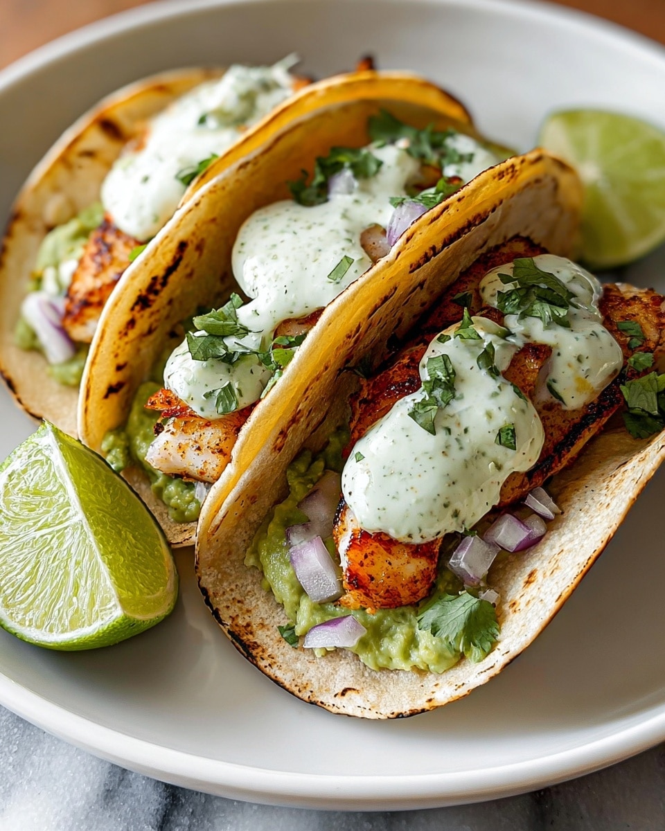 Two fish tacos rest on a white plate against a white marbled background, each made with a soft, lightly toasted white corn tortilla as the base. Inside the tortillas are several pieces of golden-brown, well-seasoned grilled fish with a slightly crispy texture. On top of the fish are small chunks of fresh purple-red onion and sprigs of bright green cilantro. A creamy white sauce speckled with green herbs is drizzled over the toppings, adding a smooth texture. In the background, halved fresh limes add a pop of green color, suggesting a zesty complement to the dish. photo taken with an iphone --ar 4:5 --v 7