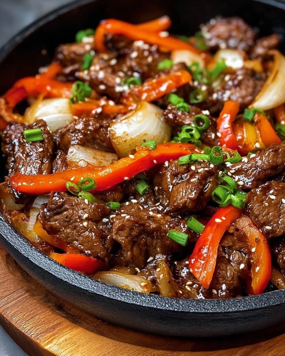 A shiny steel pot filled with a mix of sliced cooked beef pieces covered in brown sauce, mixed with thick slices of cooked onions that are light brown and soft-looking, with long strips of red and green bell peppers that add bright red and fresh green colors. The ingredients are well mixed and coated with the glossy sauce. To the side, there is a white bowl filled with white rice grains. Everything sits on a white marbled surface with a white cloth near the pot. Photo taken with an iphone --ar 4:5 --v 7