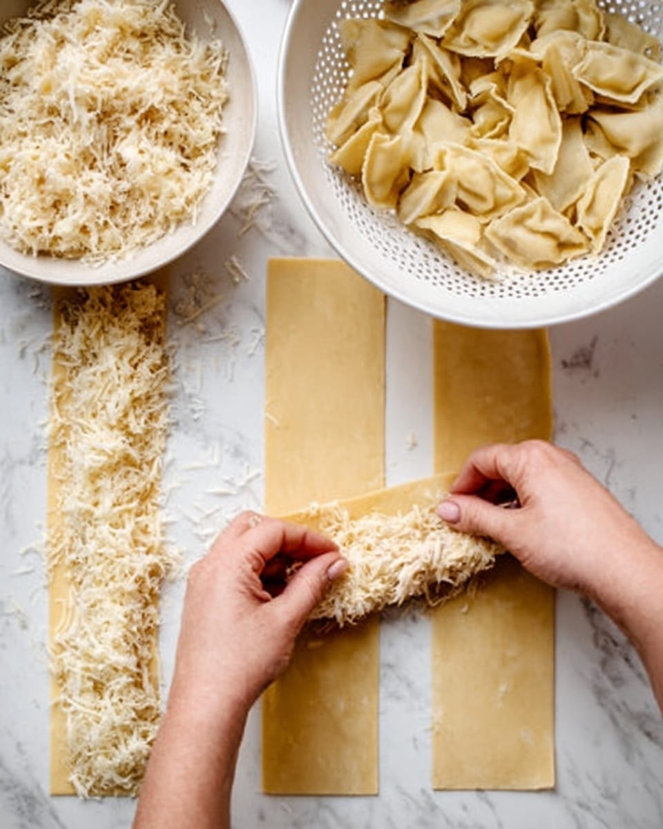 A white baking dish filled with rolled pasta layered with creamy white sauce and melted, browned cheese on top, sprinkled with finely chopped green parsley. One rolled pasta piece is being lifted with a fork, showing gooey, stretchy melted cheese inside and around the pasta. The pasta has a light golden crispy top and a soft, creamy texture below. The background is a white marbled texture. photo taken with an iphone --ar 4:5 --v 7