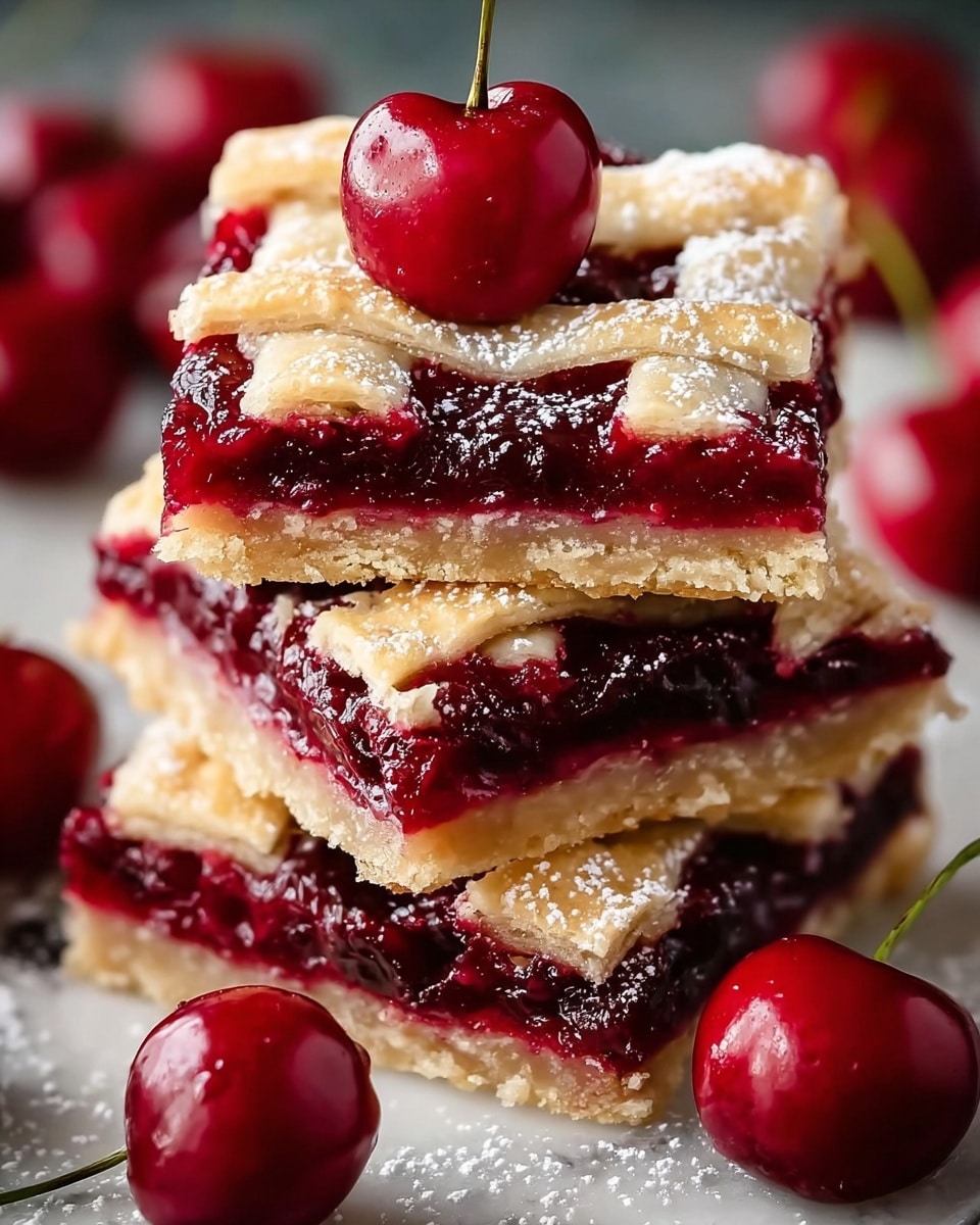 A stack of three cherry dessert bars is shown, each bar having three layers: a light golden bottom crust that looks crumbly, a thick middle layer of deep red cherry filling with visible fruit pieces and a glossy texture, and a pale, flaky top crust with a lattice pattern. The bars are sprinkled with a dusting of white powdered sugar. On top of the stack sits a fresh, shiny cherry with a long stem. Additional whole cherries are placed around the base of the stack on a white marbled surface, adding a fresh touch. photo taken with an iphone --ar 4:5 --v 7