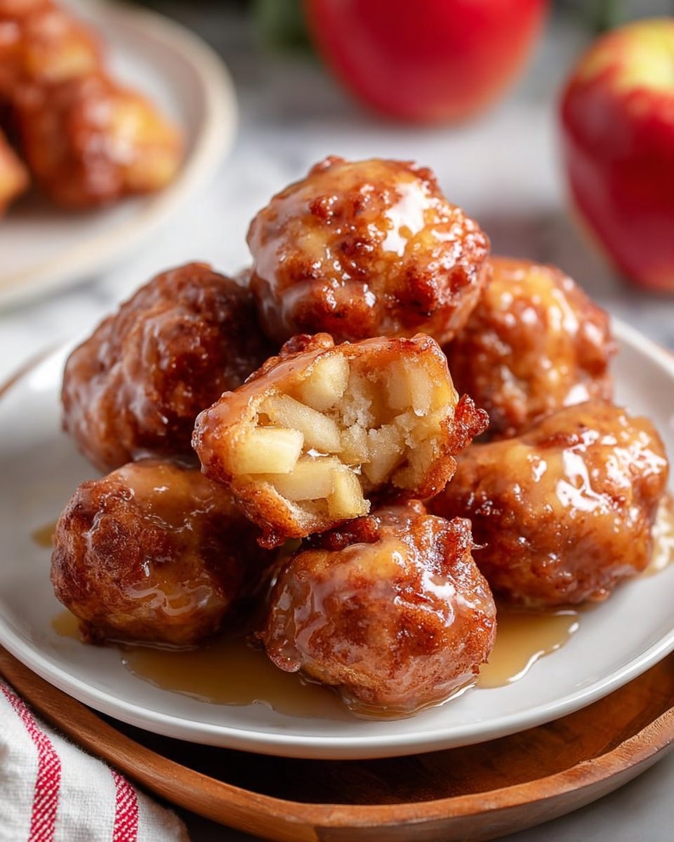 The image shows a white plate filled with about eight small, round apple fritters covered in a shiny, golden-brown glaze. The fritters have a crispy, textured outer layer with a slightly uneven surface, showing bits of cooked apple inside the dough. One fritter is cut open, revealing a light, soft inside with visible apple pieces and a moist texture. The plate rests on a wooden tray over a white marbled surface, with a red apple and another plate of fritters blurred in the background. A red and white striped cloth is partially visible on the bottom left. The glaze glistens under soft light, highlighting the warm, inviting color of the fritters. Photo taken with an iphone --ar 4:5 --v 7