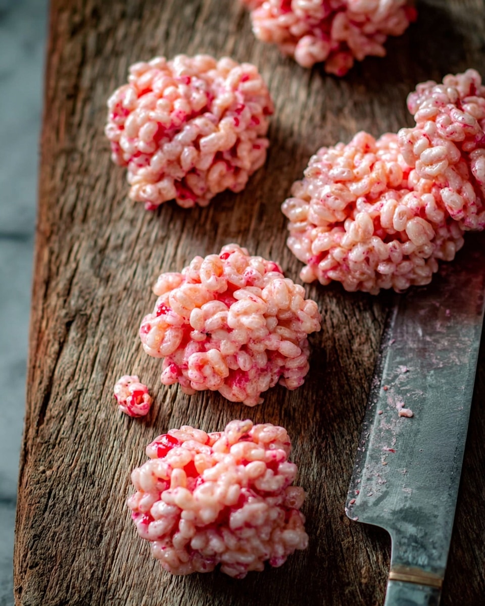 Three rounded clusters of pink rice crispy treats with small red specks are placed close together on a white plate. Each treat shows a bumpy texture made from sticky rice cereal and melted marshmallow, with the red bits scattered evenly throughout. The white plate sits on a surface with a white marbled texture, and a deep red cloth is softly folded in the background. Photo taken with an iphone --ar 4:5 --v 7