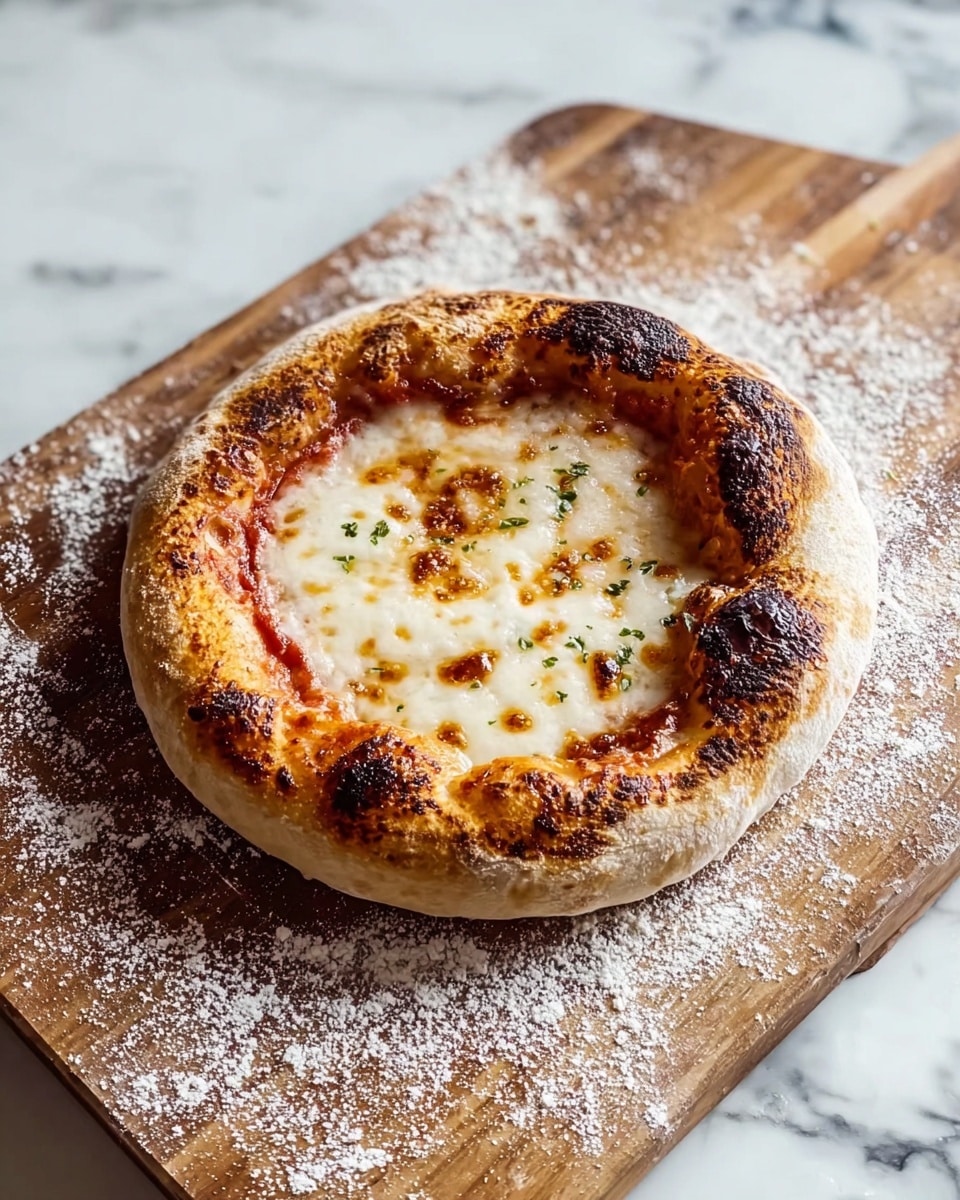 A small round pizza with a thick, puffy crust showing some charred spots, topped with a layer of melted white cheese covering a thin layer of red tomato sauce peeking around the edges, placed on a wooden board dusted with white flour, all set against a white marbled surface. photo taken with an iphone --ar 4:5 --v 7