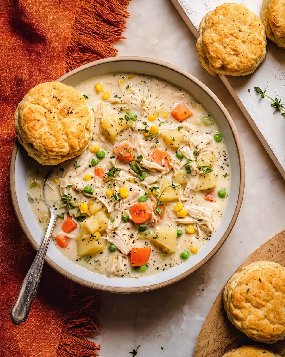 Inside a black slow cooker, there is a colorful stew made of soft chopped carrots, green beans, corn, peas, and small pieces of meat in a light creamy broth. Next to it, on a metal tray lined with parchment paper, are 12 golden-brown biscuits, each round and fluffy with a slightly shiny top. Nearby, a small white bowl holds melted butter mixed with green herbs, adding a fresh touch. The setting rests on a white marbled surface with a red and white checkered cloth and a wooden spoon placed nearby. Photo taken with an iphone --ar 4:5 --v 7