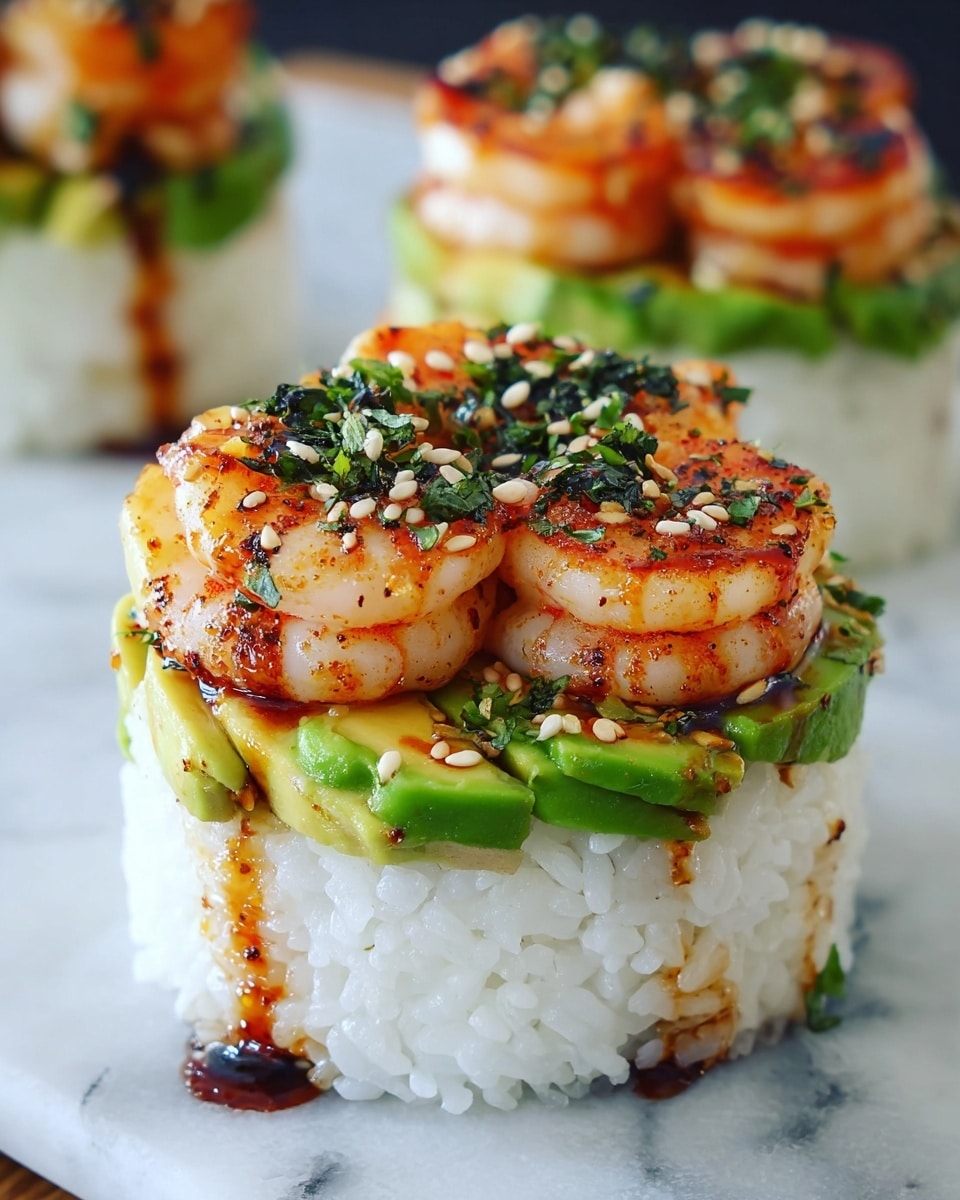 The image shows two small sushi towers placed on a textured dark plate against a white marbled background. Each tower has a base layer of white rice, topped with a vibrant layer of green avocado cubes. On top of the avocado, there are cooked shrimp glazed with a shiny, slightly thick orange sauce, sprinkled with black sesame seeds. The sauce drips slightly down the sides of the rice, adding a glossy effect. The dish looks fresh and colorful with a mix of smooth, soft rice, creamy avocado, and firm shrimp. Photo taken with an iphone --ar 4:5 --v 7