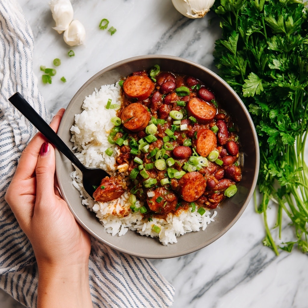 The dish is served in a white bowl on a white marbled surface. It has two main layers side by side: on the left, there is a pile of plain white rice with fluffy texture, and on the right, a thick layer of dark reddish-brown beans mixed with round slices of sausage and small green herb pieces sprinkled on top. A silver spoon rests inside the bowl, partially submerged in the bean and sausage mixture. The food looks rich and hearty with a mix of soft and chunky textures. Photo taken with an iphone --ar 4:5 --v 7