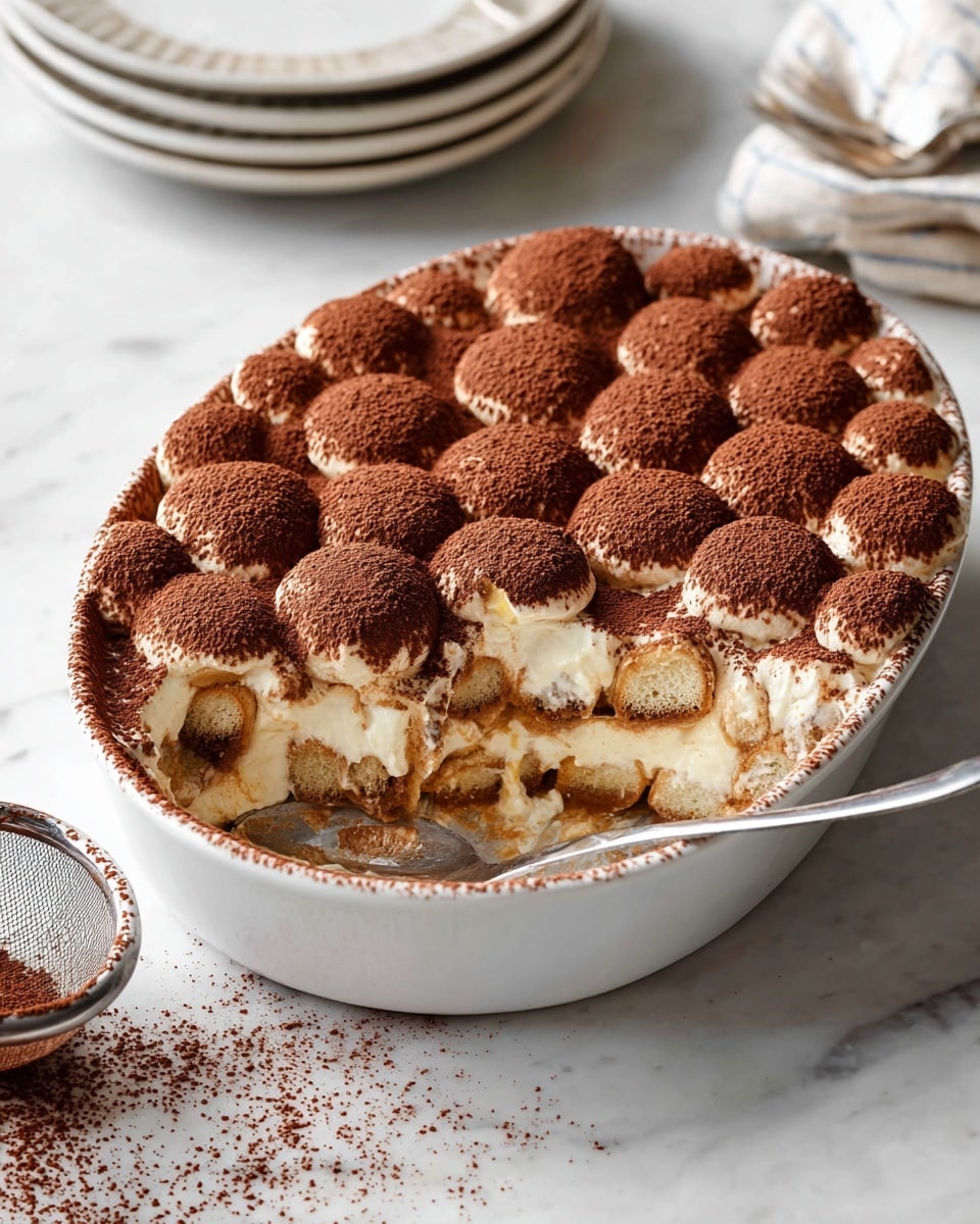 A slice of tiramisu cake sits on a white plate, showing four clear layers of light yellow cream and coffee-soaked sponge cake stacked alternately. The top layer is a thick, fluffy white cream with a dusting of rich brown cocoa powder shaped into small rounded mounds across the surface. The plate rests on a white marbled surface sprinkled lightly with cocoa powder and scattered coffee beans. In the background, a metal sieve filled with cocoa powder is blurred, and another white plate with a partial slice of tiramisu is partially visible. Photo taken with an iphone --ar 4:5 --v 7