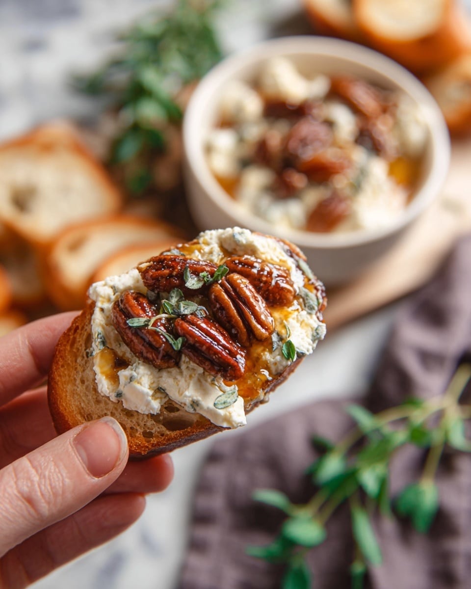 A close-up of a woman's hand holding a slice of bread topped with four glossy, brown pecans, white creamy cheese with a slightly crumbly texture, small green herb leaves, and a shiny layer of golden honey spread on top. The background shows a white bowl filled with the same mixture and several slices of bread on a white marbled surface with a gray cloth underneath. There are blurred green herb sprigs in the foreground. Photo taken with an iphone --ar 4:5 --v 7
