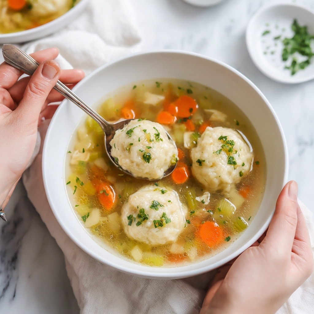 A white bowl filled with clear broth soup containing four large, soft dumplings with a light, fluffy texture, topped with small green herb pieces. Around the dumplings are bright orange carrot slices, light green celery chunks, and thin strips of tender white chicken. The broth is clear with a slight shiny surface, and small bits of green herbs are scattered throughout. A woman's hand is holding a spoon in the bowl, ready to scoop up the soup. The scene is set on a white marbled surface with a white cloth and another bowl of the same soup blurred in the background. photo taken with an iphone --ar 4:5 --v 7