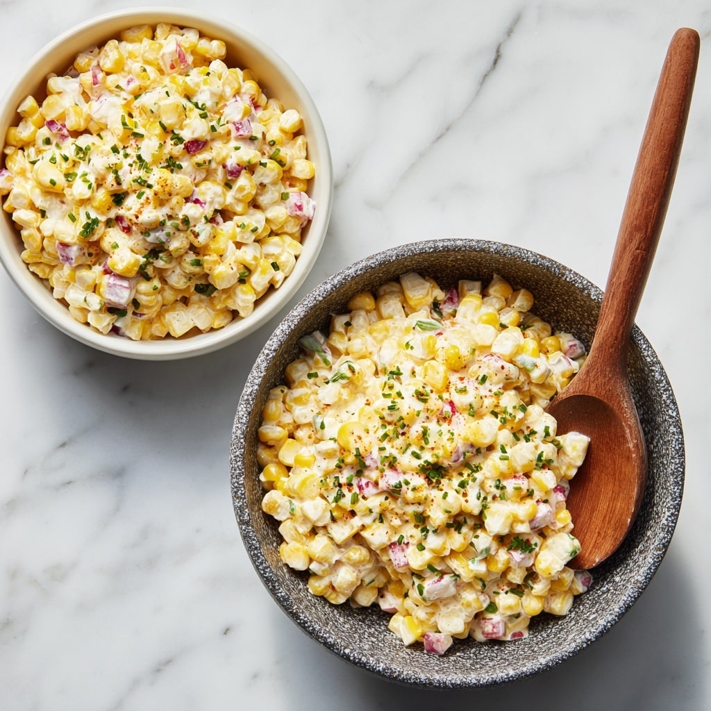 A close-up view of a bowl filled with creamy corn salad, showing three layers: bright yellow corn kernels form the main and top layer, interspersed with small pieces of creamy white dressing-coated bits and tiny pinkish-red diced vegetables evenly spread throughout, with bits of green herbs scattered on top adding a fresh color contrast; the bowl is white with a speckled dark gray outside texture, containing a wooden spoon partially immersed on the right side, all placed on a white marbled surface. photo taken with an iphone --ar 4:5 --v 7