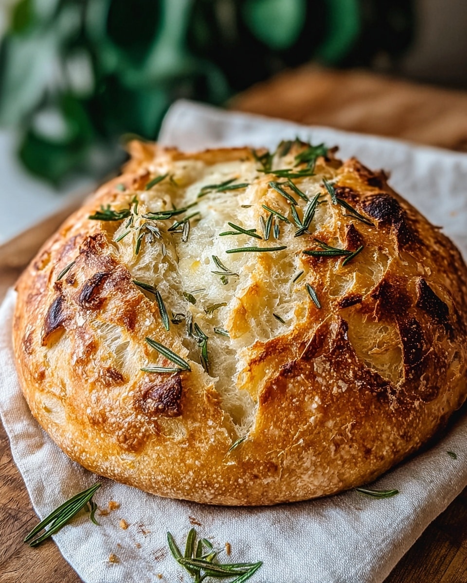 A round loaf of bread with a golden brown, crispy crust sits on crinkled parchment paper inside a white pan. The top of the bread is textured with deep, airy bubbles and scattered with fresh green rosemary sprigs. The crust shows darker toasted spots and a slightly shiny, glazed finish. The background and surface beneath the pan have a white marbled texture. photo taken with an iphone --ar 4:5 --v 7