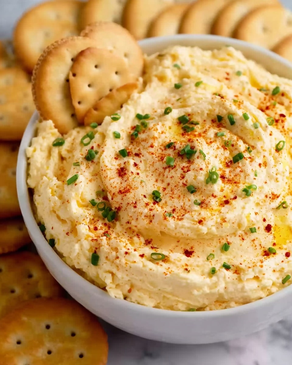 A white bowl filled with creamy, pale yellow hummus topped with a sprinkle of green herbs and a light dusting of brown paprika. One round cracker is partially dipped into the hummus at the top center of the bowl. Surrounding the bowl are several more round, light brown crackers with small holes, placed on a white marbled surface. The hand holding the cracker is a woman's hand. Soft focus in the background shows blurry shapes of yellow and red fruits. Photo taken with an iphone --ar 4:5 --v 7