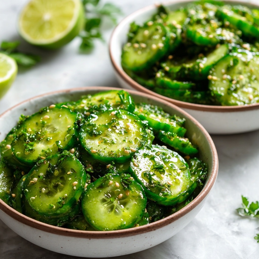 The image shows a white bowl filled with thinly sliced, green cucumber pieces that are mixed with a dark sauce, likely soy-based, giving the cucumbers a slightly glossy look. On top of the cucumbers, there are small green onion pieces scattered evenly along with black and white sesame seeds for texture and color contrast. The cucumber slices have a fresh, moist appearance with some red chili flakes adding subtle red speckles across the dish. The background is a white marbled surface. photo taken with an iphone --ar 4:5 --v 7