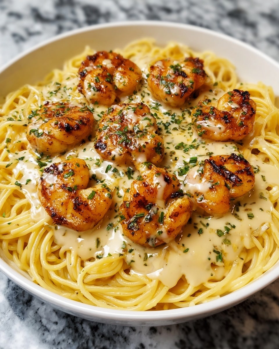 A white bowl filled with a base layer of creamy light yellow spaghetti noodles neatly arranged in circles. On top, there are ten pieces of golden brown grilled shrimp covered with a smooth off-white sauce and sprinkled with small bits of green herbs. The shrimp appear juicy and slightly charred, creating a textured contrast against the soft noodles. The dish is placed on a white marbled surface. photo taken with an iphone --ar 4:5 --v 7