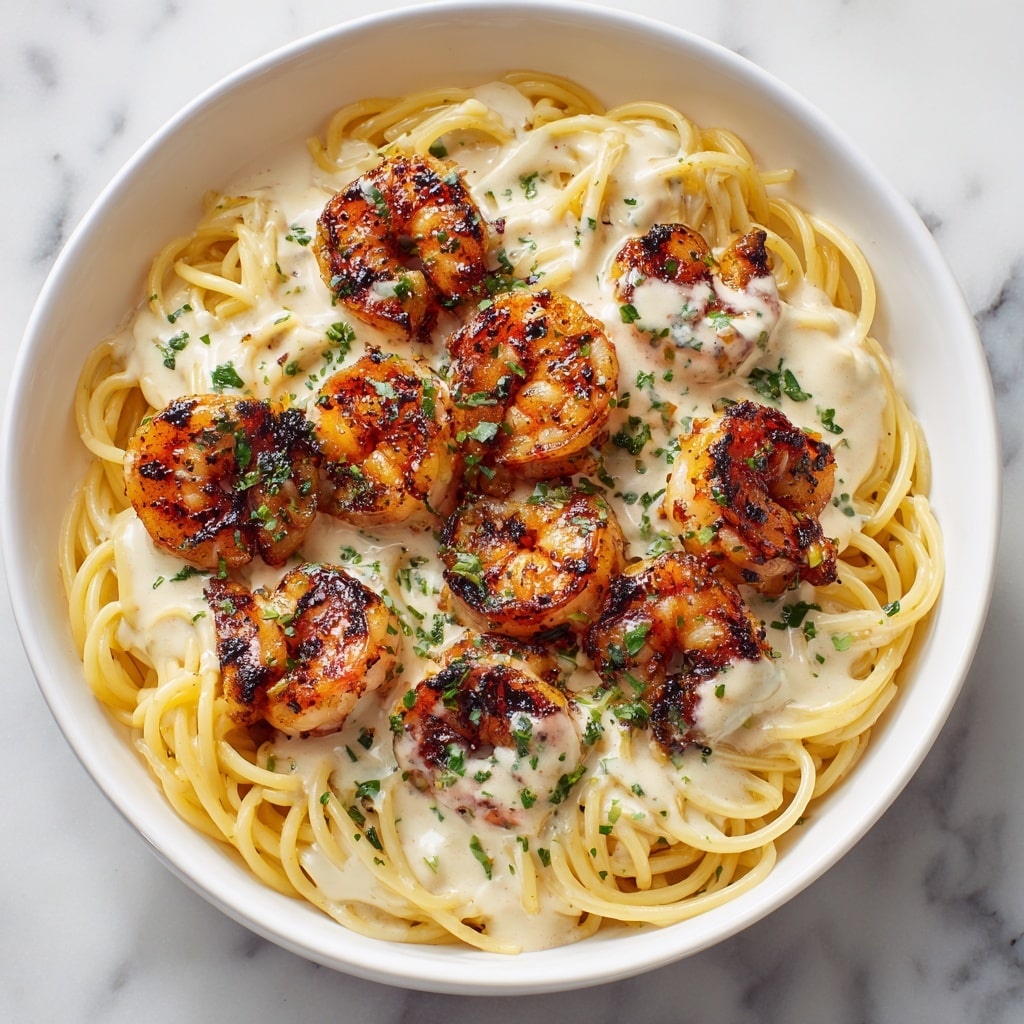 The image shows a white bowl filled with creamy spaghetti pasta topped with golden-brown seared scallops. The pasta layer is smooth and pale yellow covered in a rich cream sauce, while the scallops are placed evenly on top, browned with a crispy texture and sprinkled with small green herbs and black pepper. The bowl rests on a white marbled surface, highlighting the colors and textures of the dish clearly. photo taken with an iphone --ar 4:5 --v 7