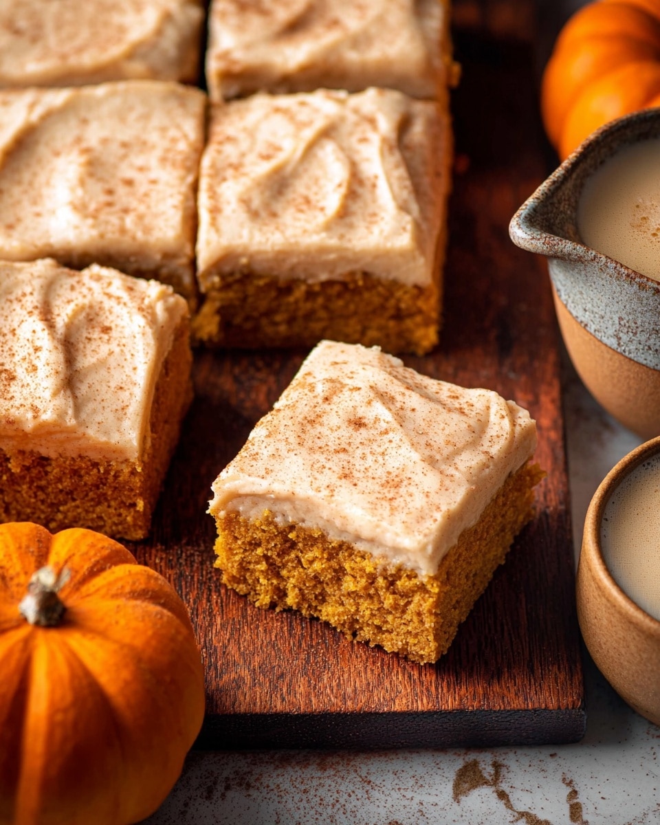 The image shows several square pieces of soft, moist pumpkin cake with one piece cut in front to reveal its crumbly, orange-brown interior. Each piece has a thick layer of creamy light brown frosting on top sprinkled with a fine dusting of cinnamon. The cake squares are placed directly on a wooden surface, with a few star anise spices scattered near them and a small orange pumpkin visible in the background. The overall tone of the image is warm and inviting with a close-up view focusing on the texture of the cake and frosting. Photo taken with an iphone --ar 4:5 --v 7