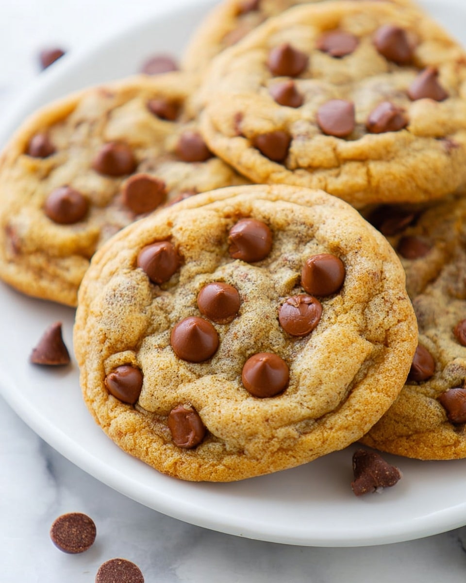A close-up view of soft, thick chocolate chip cookies arranged across a white marbled surface. The cookies are golden brown with a slightly cracked texture on top, studded with medium-sized, melty chocolate chips that are rich brown in color. One cookie in the center has a bite taken out, revealing a chewy, dense interior with visible chocolate pieces inside. Around the cookies, small clusters of extra chocolate chips are scattered for added texture. In the bottom right corner, an orange mini pumpkin adds a touch of seasonal color. The photo taken with an iphone --ar 4:5 --v 7
