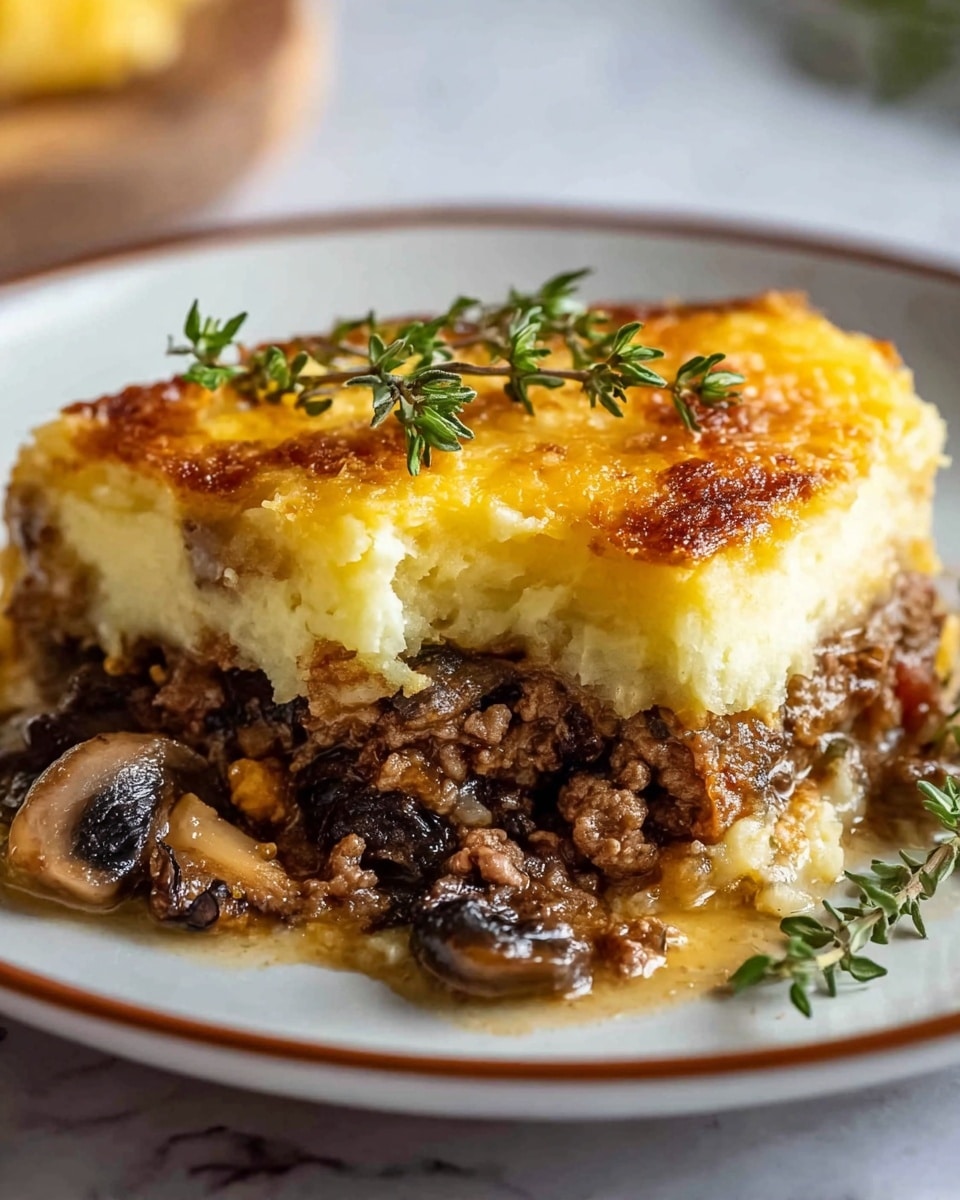 The image shows a layered dish on a white plate with a thin brown rim, placed on a white marbled surface. The bottom layer is a dark brown mixture of cooked mushrooms and minced meat with visible chunks and a glossy texture. Above this is a thick, light yellow layer of mashed potatoes with a smooth and fluffy texture. The top layer is a golden-brown browned cheese crust that looks crispy and slightly bubbly, garnished with a small bunch of green fresh thyme sprigs. The dish appears rich and hearty, with a mix of soft and crispy textures. Photo taken with an iphone --ar 4:5 --v 7