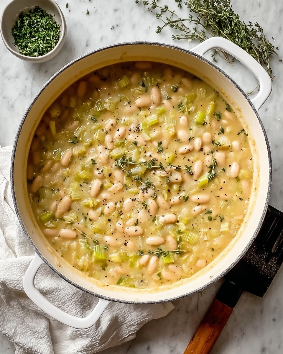 The image shows a pot filled with a creamy soup that has three main layers. The top layer is scattered with small white beans, light green celery pieces, and fresh dark green herb leaves, all floating in a pale yellowish broth. The middle layer is a thick, smooth liquid that looks slightly shiny and contains small bits of soft cooked vegetables. The bottom layer, visible near the edge of the pot, shows a mix of diced white onions and celery, creating a soft texture. A large silver ladle scoops up some soup, revealing the creamy broth and bean mixture clearly. The pot is white and sits on a white marbled surface. photo taken with an iphone --ar 4:5 --v 7