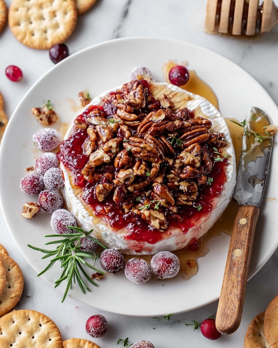 A round white cheese wheel is placed in the center of a white plate on a white marbled surface. The cheese has a layer of red cranberry sauce spread over the top, which is thick and slightly shiny. On top of the sauce, there is a generous pile of chopped toasted pecans, brown and textured, covering most of the sauce. Around the cheese, there are some whole sugared cranberries with a frosted appearance, and a small sprig of green rosemary rests on top of the pecans. Honey is drizzled around the plate, mixing with the sauce and nuts. A wooden-handled spreader knife lies on the right side of the plate, partially resting on it, with some remnants of sauce on the blade. The plate is surrounded by assorted round crackers and toast slices scattered on the white marbled surface. photo taken with an iphone --ar 4:5 --v 7