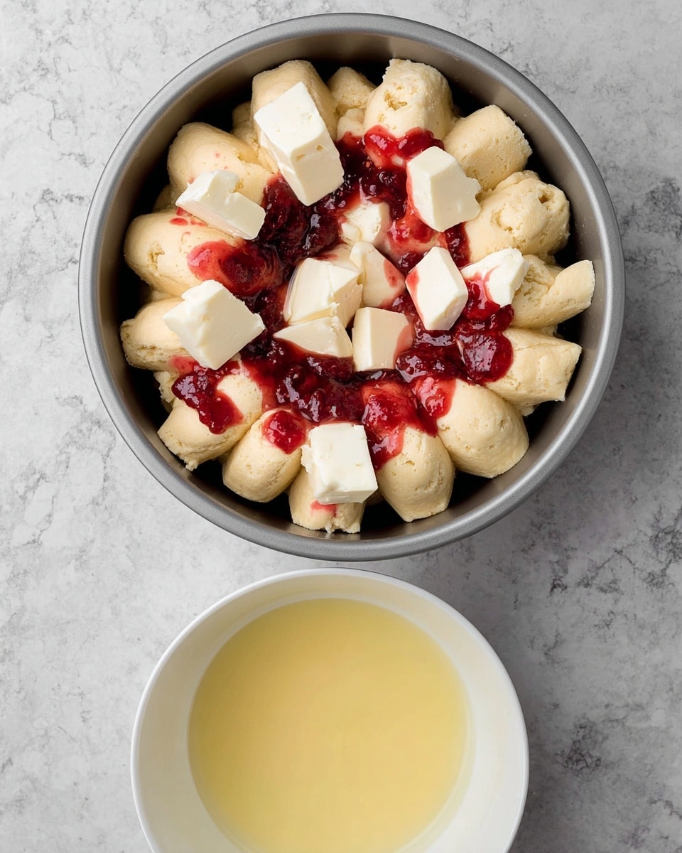 A white bundt pan filled with baked pull-apart bread shaped in large rose-like clusters, each cluster golden brown with a slightly crispy texture, dotted with darker roasted spots. Thick patches of deep red berry jam sit on top in random places, seeping slightly into the bread layers. The pan rests on a green and white checkered cloth, with sprigs of fresh green herbs peeking from the top edge. The background is a white marbled texture with yellow decorative gourds on the right side. Photo taken with an iphone --ar 4:5 --v 7