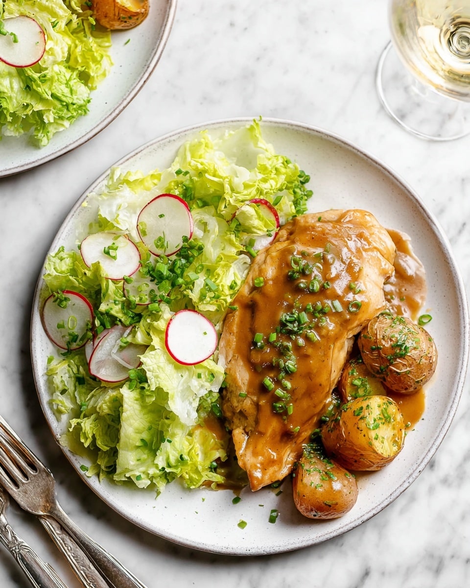 A white plate holds a meal with three main layers: at the bottom are fresh green lettuce leaves mixed with thinly sliced radish rounds, scattered across the plate's right side; next, on the left side and slightly behind, there are halved small red and yellow potatoes with a smooth, glossy texture; on top and centered is a single large piece of golden-brown cooked chicken breast, being topped with a light brown creamy sauce poured from a spoon above. The dish sits on a white marbled surface, with a fork placed to the left of the plate and glasses of clear water blurred softly in the background. Photo taken with an iphone --ar 4:5 --v 7