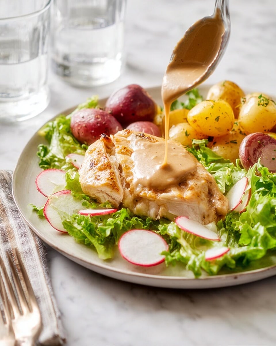 A white plate featuring a meal with three main layers: on the left side, a fresh salad with light green lettuce leaves, thinly sliced white radishes with red edges, and chopped green onions scattered on top; in the middle, a large piece of chicken breast covered with glossy brown gravy and sprinkled with finely chopped green herbs; on the right side, several roasted baby potatoes with a golden-brown color, also topped with small bits of green herbs. The plate rests on a white marbled surface, next to two vintage silver forks and a glass of white wine. Photo taken with an iphone --ar 4:5 --v 7