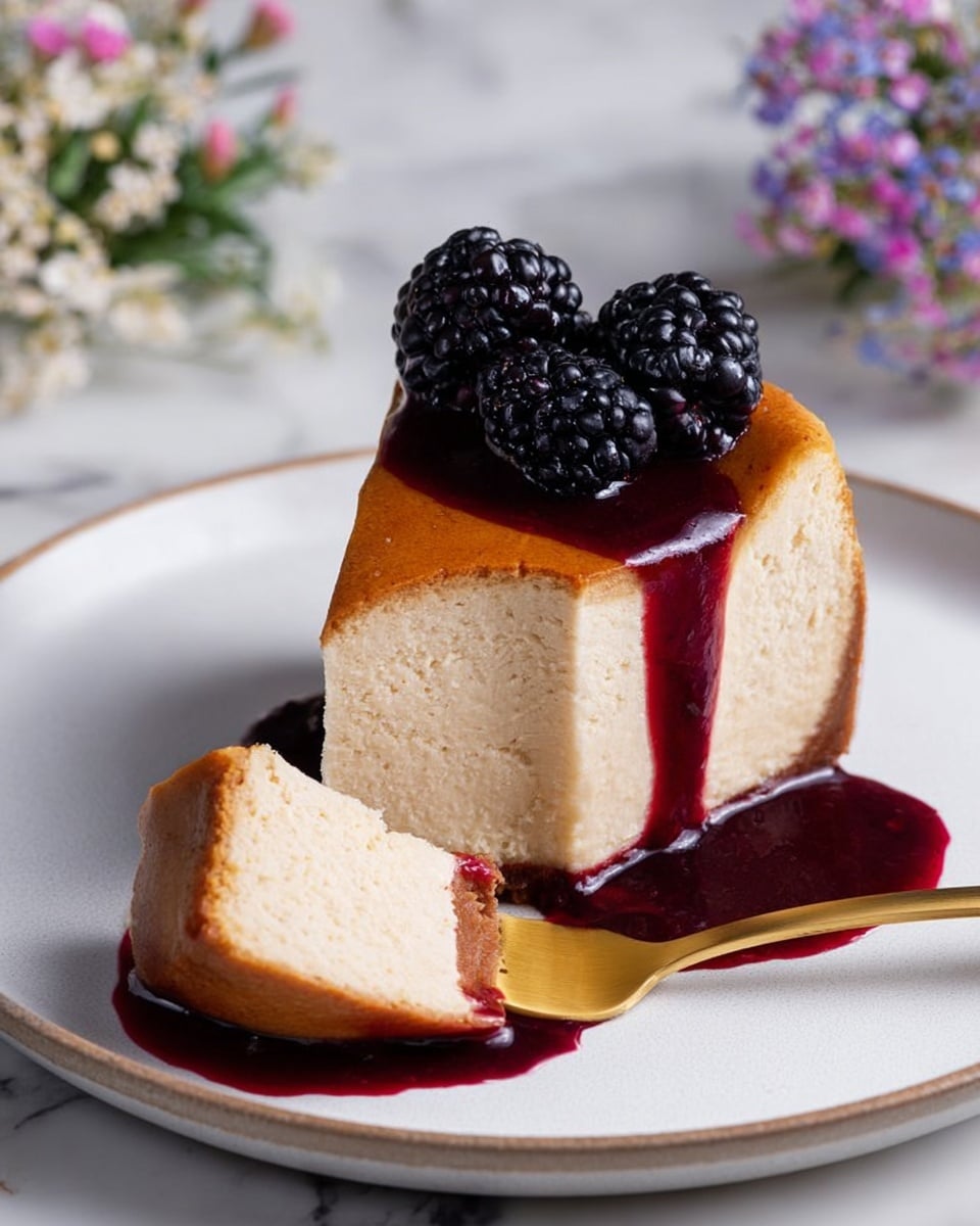A round cheesecake with a thick, creamy light beige inside and a dark brown, slightly burnt top layer, showing a smooth texture with tiny air holes evenly spread throughout. The outer edge is darker with a cooked, wrinkled, and glossy caramelized crust that looks slightly cracked and uneven, sitting on white parchment paper. A slice is being lifted by a spatula, revealing the uniform thickness of the cake with the same creamy beige interior and burnt brown top layer. The background features a soft focus of green plants and some flowers, with the whole scene on a white marbled surface. Photo taken with an iphone --ar 4:5 --v 7