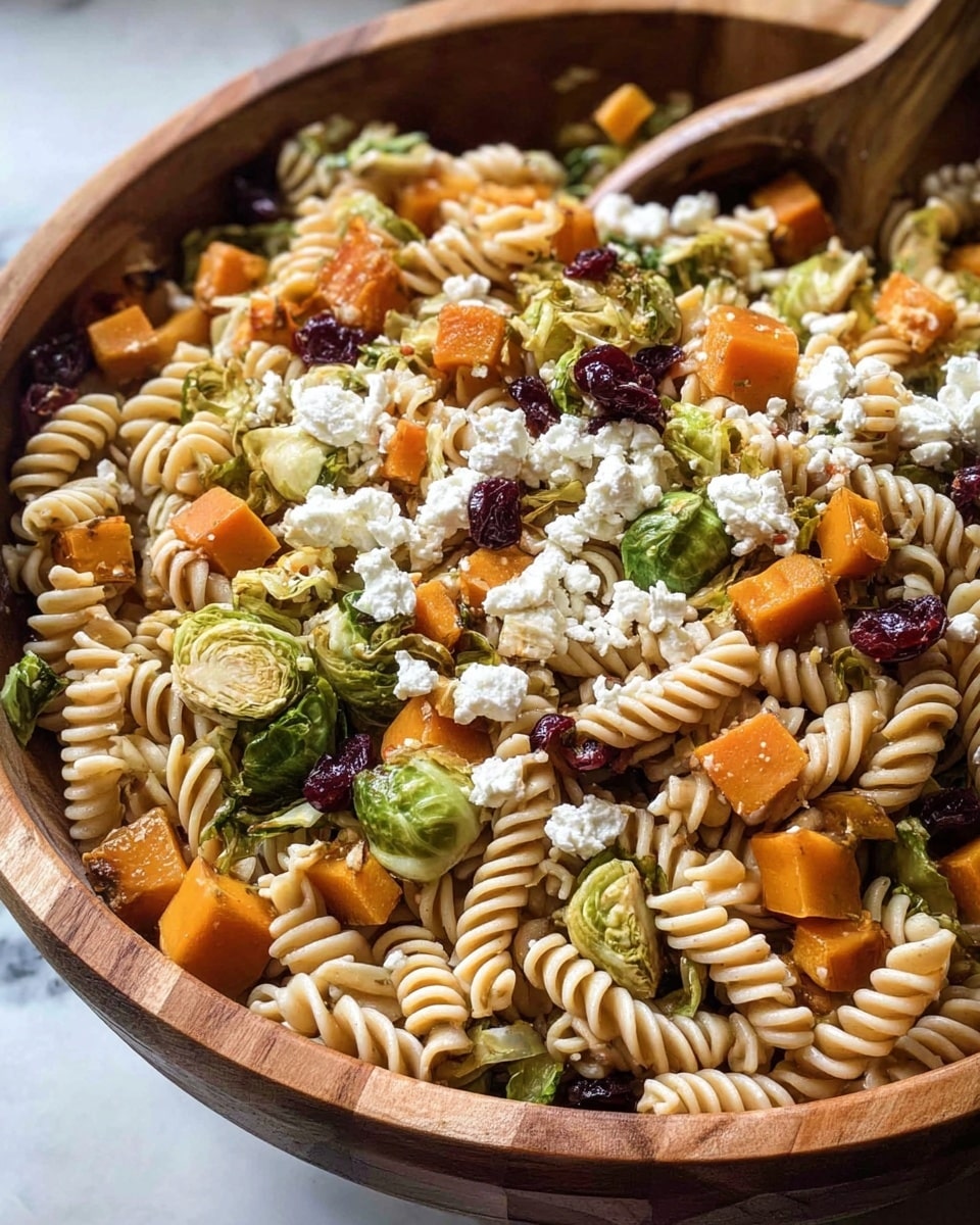 A close-up of a white bowl filled with rotini pasta as the base layer, which is light beige and spiral-shaped. Scattered on top are bright green roasted brussels sprouts with caramelized edges, along with vibrant orange roasted butternut squash cubes. Spread evenly throughout the bowl are deep red dried cranberries and small white crumbly pieces of feta cheese. Tiny bits of crushed walnuts are also sprinkled over the entire dish, adding texture and color contrast. The bowl sits against a white marbled textured surface. photo taken with an iphone --ar 4:5 --v 7