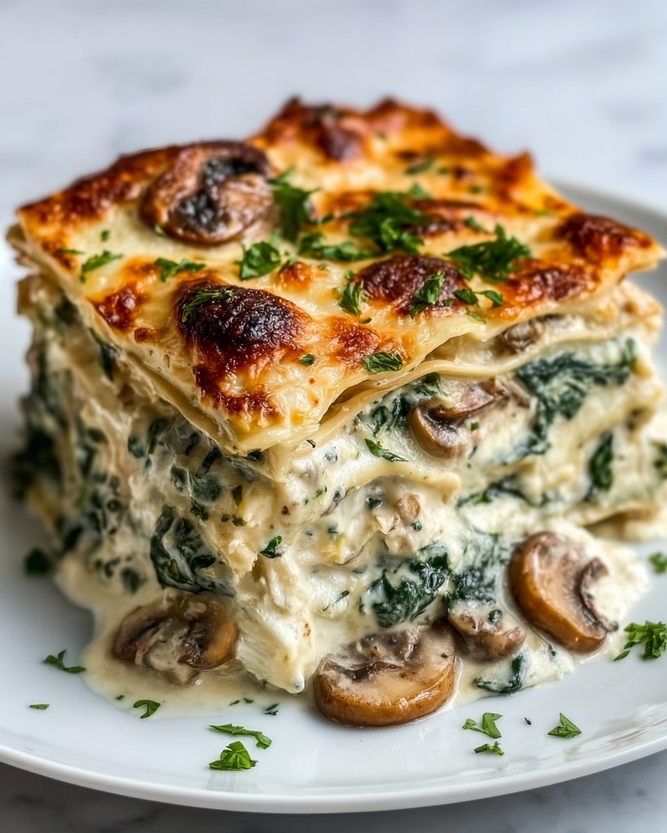 A thick slice of lasagna sits on a white plate, showing four visible layers filled with creamy white sauce mixed with mushrooms and green spinach. The top layer is golden brown melted cheese with some darker browned spots and garnished with fresh chopped green herbs. The mushrooms inside are light brown and glossy, while the spinach adds dark green color and texture between smooth creamy layers. The white plate is set on a white marbled surface, creating a clean and bright background. Photo taken with an iphone --ar 4:5 --v 7