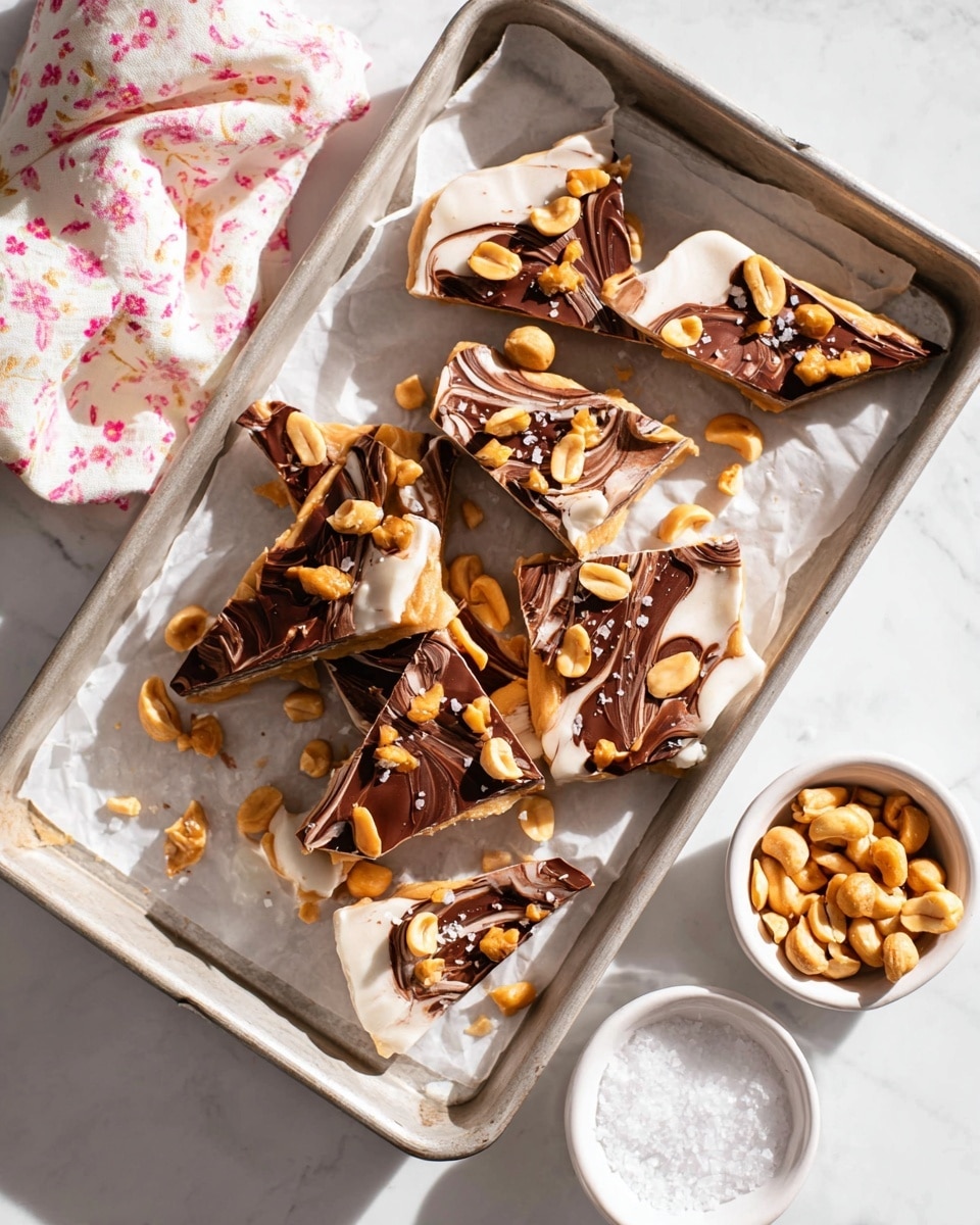 The image shows pieces of peanut butter and chocolate bark broken into irregular shapes, placed on white parchment paper inside a metal baking tray. Each bark piece has three visible layers: a white base layer, a smooth peanut butter layer in the middle with a light brown color, and a top layer of dark and milk chocolate swirled together with a shiny texture. Roasted peanuts and coarse sea salt flakes are scattered on the top of the bark pieces, adding texture and color contrast. To the right of the tray, there are two small white bowls on a white marbled texture surface, one filled with roasted peanuts and the other with coarse sea salt. A white cloth with light pink floral patterns is seen in the top left corner. The lighting is bright and natural, casting soft shadows. photo taken with an iphone --ar 4:5 --v 7