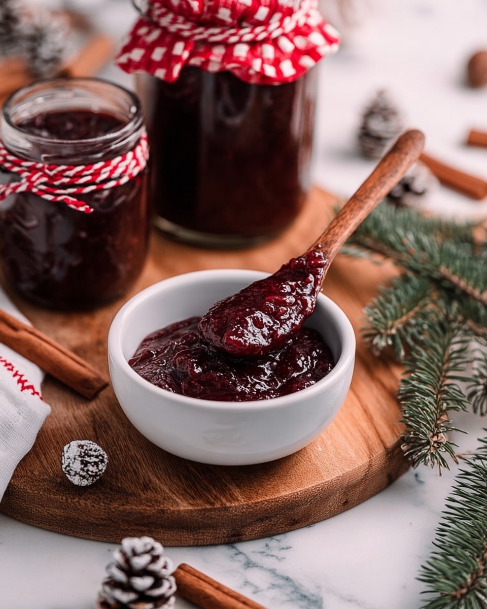 A close-up image shows a thick, rich dark red sauce with a glossy, slightly chunky texture, resting on a white ceramic spoon. The spoon is mostly covered by the sauce, which looks dense and sticky, with small bits of spices visible inside. The sauce fills a bowl or pot with the same deep red color, slightly shining and textured, sitting on a white marbled surface. The focus is sharp on the spoon and sauce, with a soft blurred background. Photo taken with an iphone --ar 4:5 --v 7