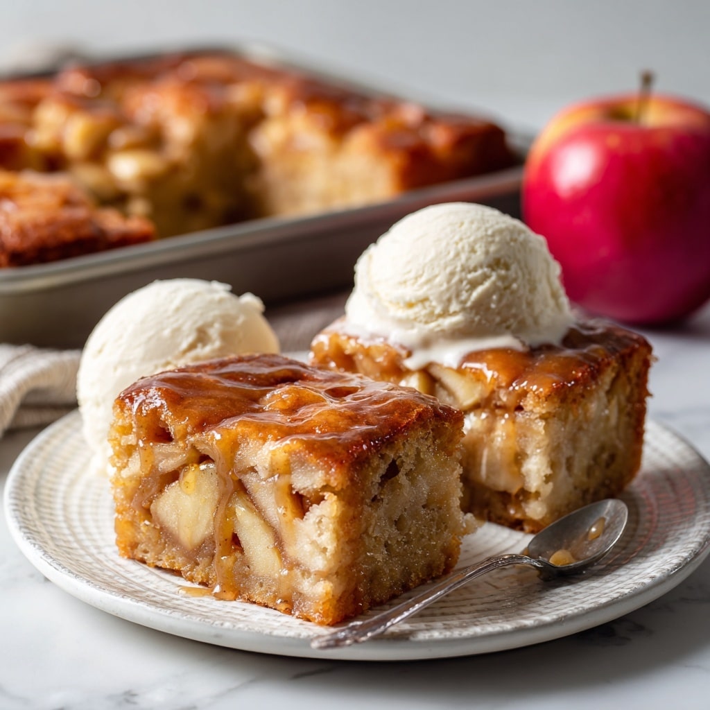 A square piece of moist apple cake with visible chunks of apple inside sits at the center of a white plate with a textured edge, placed on a white marbled surface. The cake is golden brown with a shiny caramel-like glaze on top. Behind the cake, there are two scoops of creamy vanilla ice cream, off-white in color, adding a soft texture contrast. To the right of the plate, a silver spoon rests partially on the plate. In the background, a metal baking pan holds more pieces of the same apple cake, and a shiny red apple is placed nearby, adding a pop of vibrant color. photo taken with an iphone --ar 4:5 --v 7