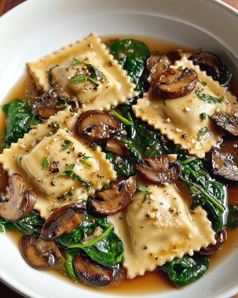 A white bowl holds a dish with five square ravioli pieces that are pale yellow with slightly crimped edges, floating in a thin brown sauce. Mixed in are several dark brown sautéed mushroom slices and bright green wilted spinach leaves. Bits of finely chopped herbs and cracked black pepper are scattered on top, adding texture and color contrast. The ingredients are evenly spread, showing a blend of smooth pasta, soft mushrooms, and leafy vegetables. photo taken with an iphone --ar 4:5 --v 7